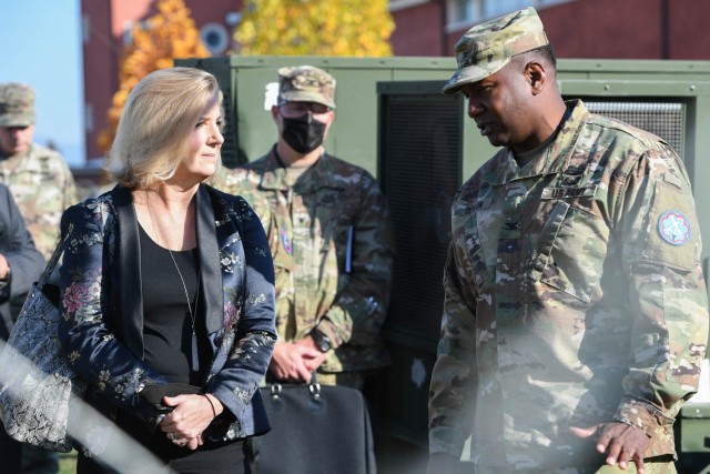 Secretary of the Army Christine Wormuth learns capabilities of the 207th Military Intelligence Brigade (T) in Vicenza, Italy, Oct. 29, 2021. The 207th Military Intelligence Brigade showcased their methods for intelligence analysis, collection, and exploitation to include some of the newer and smaller, more portable capabilities. (U.S. Army photo by Staff Sgt. Keisha Brown)