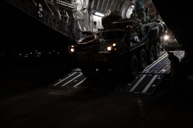 America’s First Corps deploys four Stryker vehicles and crews to Guam via 62nd Airlift Wing’s C-17 aircraft, Nov. 3, testing a new early entry command post concept and demonstrating joint capability to respond to various situations in the Pacific.