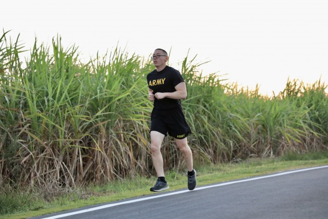 Sgt. Andrew K. Han, Patriot fire control enhanced operator with 10th Missile Defense Battery, completes the two-mile run portion of the Army Combat Fitness Test event during the 38th Air Defense Artillery Brigade 2021 Best Warrior Competition at Torri Station, Japan Oct. 26.