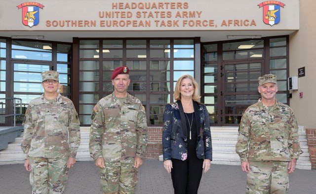 The Honorable Christine Wormuth, 25th Secretary of the United States Army, and Gen. Christopher Cavoli, U.S. Army Europe and Africa commanding general, visit Maj. Gen. Andrew M. Rohling, commanding general, U.S. Army Southern European Task Force, Africa, and Brig. Gen. Aida T. Borras, SETAF-AF deputy commanding general, in front of SETAF-AF headquarters on Caserma Del Din in Vicenza, Italy, Oct. 29, 2021. (U.S. Army photo by Davide Dalla Massara)