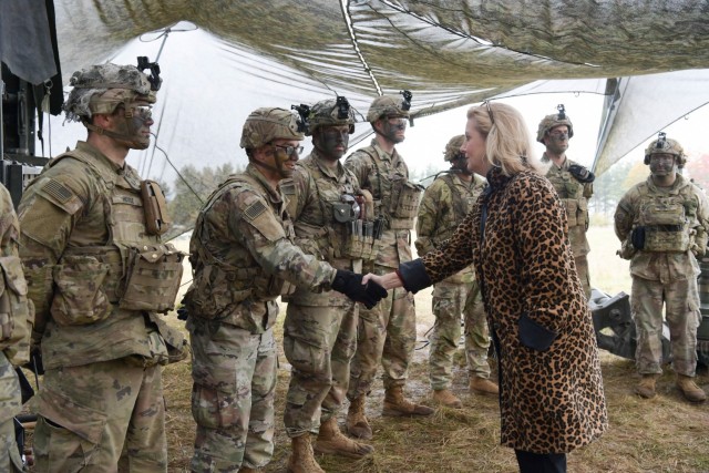 Secretary of the Army Christine Wormuth meets 173rd Airborne Brigade Sky Soldiers in Hohenfels, Germany, Oct. 27, 2021. Col. Michael Kloepper, 173rd Airborne Brigade commander, said there is no more appropriate place for the Secretary of the Army to meet Sky Soldiers than on an artillery live fire range during a brigade collective training density. (U.S. Army photo by Staff Sgt. Keisha Brown)