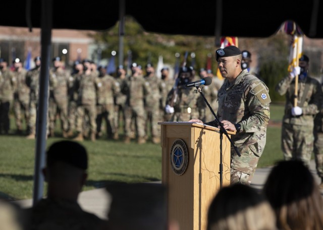 FORT KNOX, Ky. (Nov. 4, 2021) – V Corps Command Sgt. Maj. Raymond Harris delivers his remarks at a change of responsibility ceremony at the V Corps Headquarters at Fort Knox, Kentucky, Nov. 4. During the ceremony, outgoing V Corps Command Sgt. Maj. Billy Webb relinquished responsibility as the V Corps senior enlisted leader to Harris. (U.S. Army photo by Pfc. Devin Klecan/released)