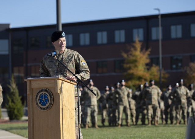 FORT KNOX, Ky. (Nov. 4, 2021) – V Corps Commanding General Lt. Gen. John Kolasheski delivers his remarks at a change of responsibility ceremony at the V Corps Headquarters at Fort Knox, Kentucky, Nov. 4. During the ceremony, outgoing Command Sgt. Maj. Billy Webb relinquished responsibility as the V Corps senior enlisted leader to Command Sgt. Maj. Raymond Harris. (U.S. Army photo by Pfc. Devin Klecan/released)