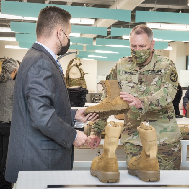 Gen. John M. Murray, Commanding General of U.S. Army Futures Command (AFC), receives a hands-on update of Soldier Footwear technologies during a visit to the U.S. Army Combat Capabilities Development Command (DEVCOM) Soldier Center in Natick, Massachusetts on October 26, 2021.