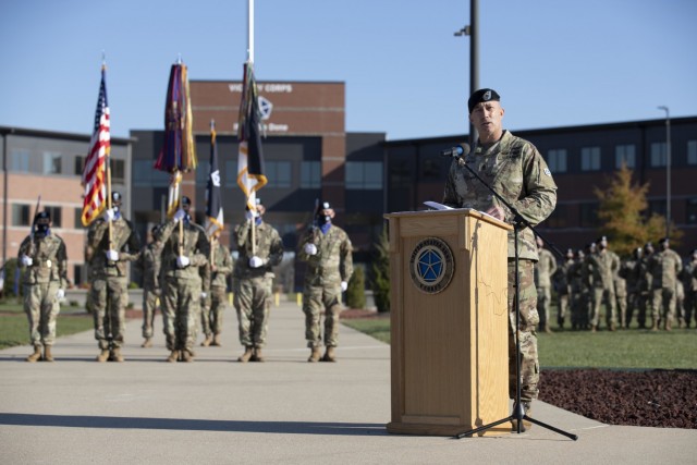 FORT KNOX, Ky. (Nov. 4, 2021) – Outgoing V Corps Command Sgt. Maj. Billy Webb delivers his remarks at a change of responsibility ceremony at the V Corps Headquarters at Fort Knox, Kentucky, Nov. 4. During the ceremony, Webb relinquished responsibility as the V Corps senior enlisted leader to Command Sgt. Maj. Raymond Harris. (U.S. Army photo by Pfc. Devin Klecan/released)