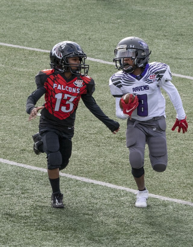 Fort Jackson Falcons Issac Gates chases down a ball carrier during the Pop Warner State Championship Game for the 8U age grroup Oct. 30. The Falcons won the game held at River Bluff High School in Lexington, S.C. 32-0.