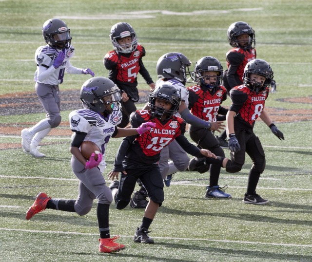 Fort Jackson Falcons Issac Gates, Blake Bragg and Tyler McCoy hases down a ball carrier during the Pop Warner State Championship Game for the 8U age grroup Oct. 30. The Falcons won the game held at River Bluff High School in Lexington, S.C. 32-0.
