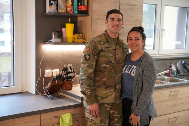 Staff Sgt. Brett Landry with his wife, Alexys, in their new home on Tower Barracks, U.S. Army Garrison Bavaria, Grafenwoehr.