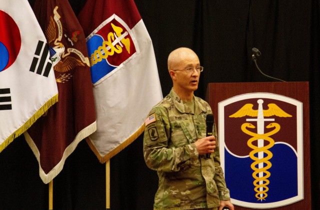Lt. Gen. Ronald Place, director of the Defense Health Agency, speaks about changes that have come to health care policies from the DHA, at the Morning Calm Center on USAG Humphreys, South Korea, Oct 24. Place answered questions from the group after his lecture. 