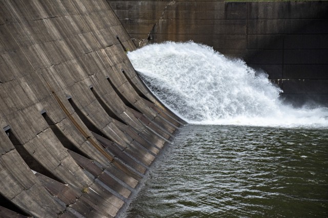A discharge plume of water from the Conemaugh River Lake dam in Saltsburg, Pennsylvania, is designed intentionally so the water can increase its oxygen levels when exiting the dam to improve water quality downstream Oct. 22, 2021. The Conemaugh...