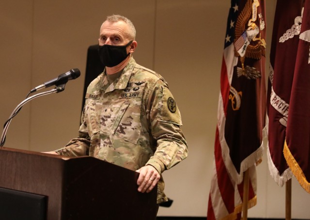Brig. Gen. Edward H. Bailey, commanding general of Regional Health Command-Pacific, delivers remarks at the command&#39;s Fall Commander&#39;s Conference, Joint Base Lewis-McChord, Washington. Command teams from across the region came for the three-day conference to discuss a number of topics, including RHC-P&#39;s upcoming transition to a medical readiness command.