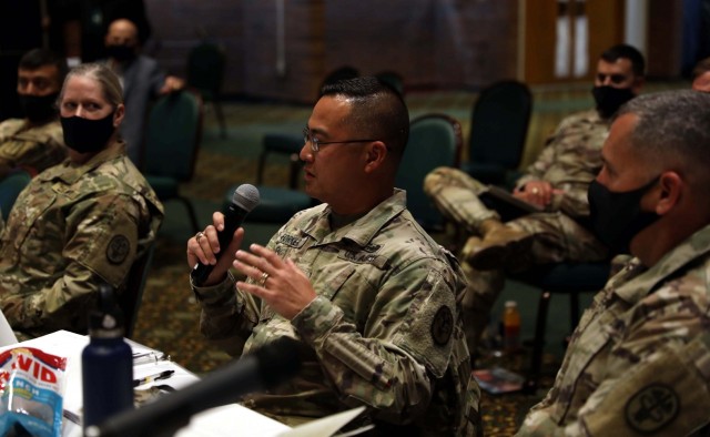 Command Sgt. Maj. Anthony Forker, command sergeant major of Tripler Army Medical Center, Honolulu, asks a question during Regional Health Command-Pacific&#39;s Fall Commander&#39;s Conference, Joint Base Lewis-McChord, Washington, Nov. 2. 
