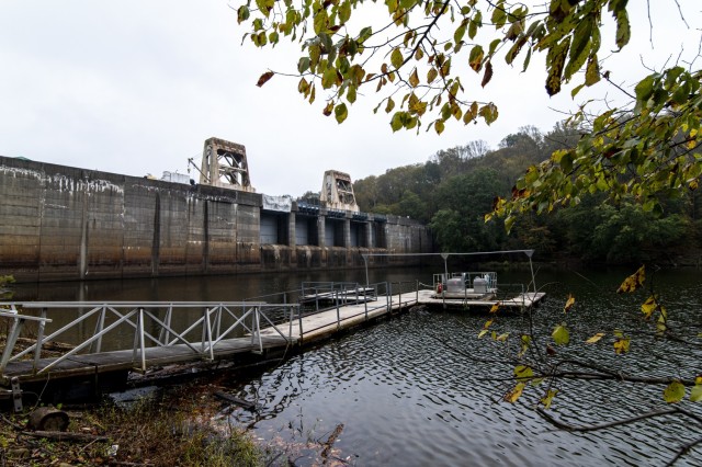 A view of the Loyalhanna Lake dam, put into operation in 1942, in Saltsburg, Pennsylvania, Oct. 22, 2021. Its concrete face has turned rust-colored and dark grey in the 80-plus years of operation. The top of the dam is going through reconstruction...