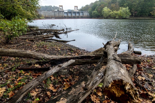 A view of the Loyalhanna Lake dam, put into operation in 1942, in Saltsburg, Pennsylvania, Oct. 22, 2021. Its concrete face has turned rust-colored and dark grey in the 80-plus years of operation. The top of the dam is going through reconstruction...