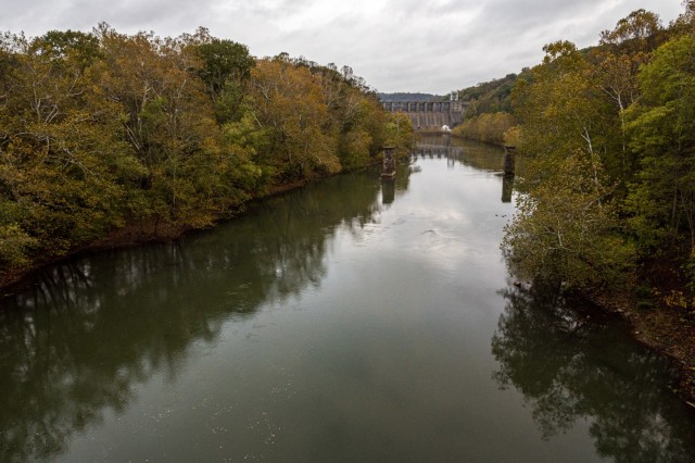 A view of the Conemaugh River Lake dam from the West Penn Trail Bridge crossing over the Conemaugh River in Saltsburg, Pennsylvania, Oct. 22, 2021. The Conemaugh River Lake and the Loyalhanna Lake dams, managed by the U.S. Army Corps of Engineers...