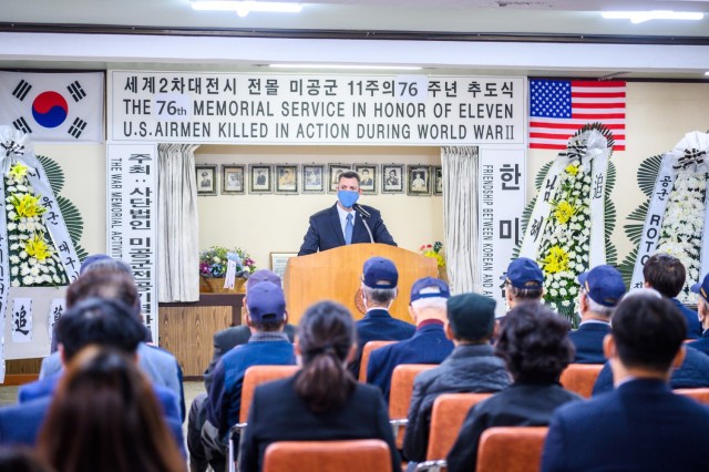 USAG Daegu Deputy to the Garrison Commander Raymond S. Myers and Command Sgt. Maj. Jonathon J. Blue joined Korean Veterans and local dignitaries for the Namhae memorial ceremony—honoring the memory of 11 fallen U.S. Airmen—marking the 76th anniversary since 1945.
