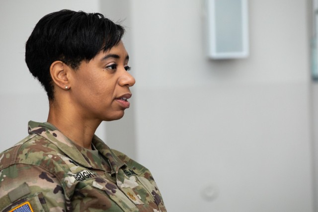 U.S. Army Maj. Aprill Bright, the 1st Infantry Division Forward chaplain, speaks to 1ID and Polish Land and Air Forces members as part of the Women&#39;s Cultural Exchange at Forward Operating Site Poznań, Poland, Nov. 3, 2021. The 1ID is currently deployed as a rotational force in Europe in support of Atlantic Resolve. U.S. rotational forces throughout Europe enhance professional relationships and partnerships with NATO partners and allies and improve overall coordination during times of crisis. 