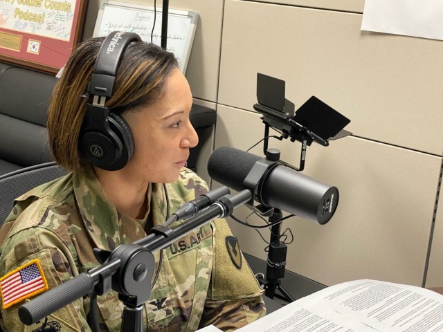 Col. Lisa Rennard, commander, 403rd Army Field Support Brigade, discusses the brigade’s many diverse missions during a segment of the 19th Expeditionary Sustainment Command’s “Every Soldier Counts” podcast at Camp Henry, South Korea, Nov. 9.
