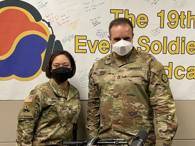 Col. Lisa Rennard, commander, 403rd Army Field Support Brigade, poses with Sgt. 1st Class Adam Ross, non-commissioned officer in charge, 19th Expeditionary Sustainment Command Public Affairs Office, and host of the 19th ESC “Every Soldier Counts” podcast after recording her segment at Camp Henry, South Korea, Nov. 9.