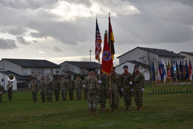 The 56th Artillery Command’s flag was uncased and presented during its re-activation ceremony Nov. 8 on Allen Field at Clay Kaserne.