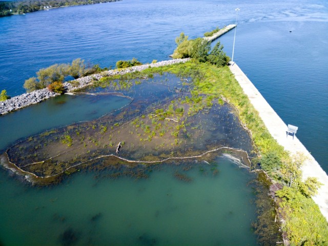 An aerial view of the beneficial use of dredged material project constructed by the U.S. Army Corps of Engineers, Buffalo District at Unity Island in Buffalo, New York, September 20, 2019. The wetlands pictured here were created through beneficial use of material dredged from the Buffalo River, and have led to restoration of a flourishing ecosystem for fish, plants, and birds. (U.S. Army Photo by Kevin Lesika)