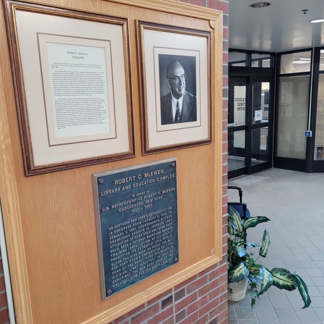 The Robert C. McEwen Library, located at 4300 Camp Hale Road, was dedicated on Sept. 1, 2000, in memory of Robert C. McEwen, a St. Lawrence County native who was elected to both the New York State Senate and U.S. House of Representatives for a combined 27 years of public service. (Photo by Mike Strasser, Fort Drum Garrison Public Affairs)