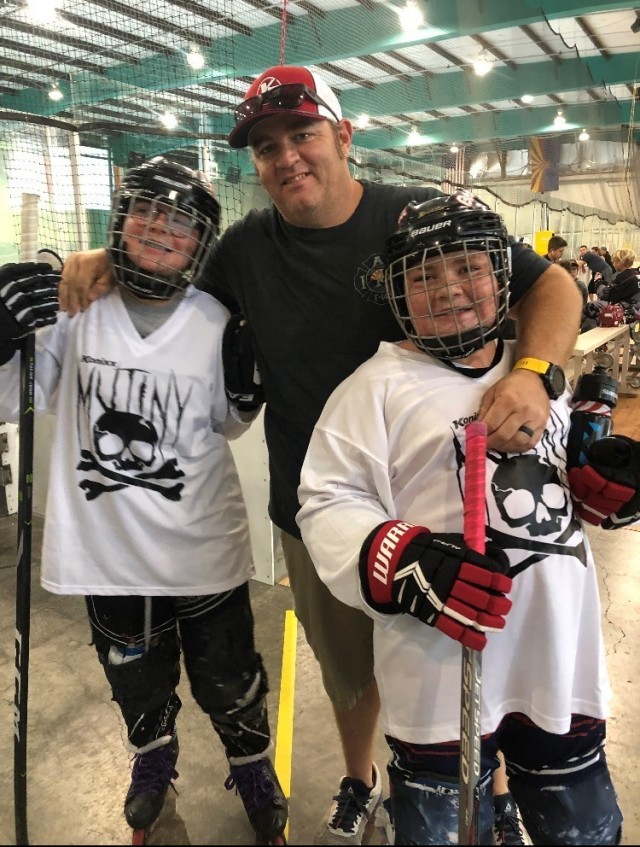 Brad Gray is a YPG fire fighter, YYHL vice-president and coach. He’s pictured here with his two kids Ryann and Layton Gray. “I got heavily back into it because of my kids. It’s something that me and my kids enjoy and love.” (Loaned photo)