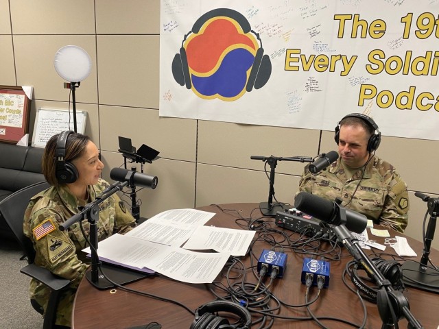 Col. Lisa Rennard, commander, 403rd Army Field Support Brigade, discusses the brigade’s many diverse missions with Sgt. 1st Class Adam Ross, non-commissioned officer in charge, 19th Expeditionary Sustainment Command Public Affairs Office, and host of the 19th ESC “Every Soldier Counts” podcast, at Camp Henry, South Korea, Nov. 9.