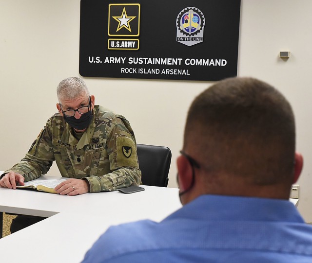 Chaplain (Lt. Col.) Kevin Niehoff conducts Bible study on Wednesdays from 11:30 a.m. - 12:30 p.m. in the Garden Conference Room located in the basement of the U.S. Army Sustainment Command’s headquarters building at Rock Island Arsenal, Illinois. (Photo by Jon Micheal Connor, ASC Public Affairs)