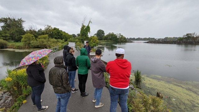 Ecologist Andrew Hannes of the U.S. Army Corps of Engineers Buffalo District gives members of Leadership Buffalo's Rising Leaders group a tour of a Beneficial Use of Dredged Material Ecosystem Restoration Project at Unity Island in Buffalo, New York, September 22. The Buffalo District completed construction of the project in fall 2020, creating a total 10 acres of coastal wetland habitat to benefit the health of the Great Lakes. (U.S. Army Photo by Avery Schneider)