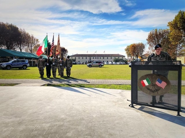 U.S. Army Command Sgt. Maj. Jonathan D. Dyon, incoming command Sgt. Maj. of U.S. Army Garrison Italy, gives a speech during change of responsibility ceremony under Covid-19 prevention condition at Caserma Ederle, Vicenza, Italy Nov. 10, 2021....