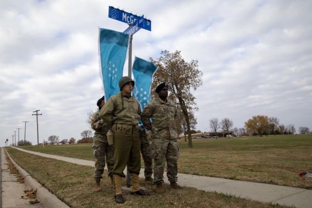 1st Infantry Division Soldiers unveil the newly named McGraw Street in honor of 1ID Medal of Honor recipient, Private First Class Francis X. McGraw, Nov. 10, 2021, at Fort Riley, Kansas. McGraw, who earned his Medal of Honor for his actions in...