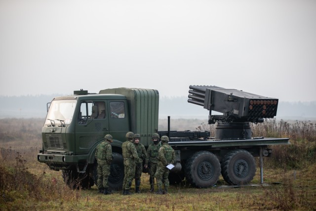 Croatian Land Forces soldiers from Storm Battery prepare to fire 122mm rockets from a M-92 Vulkan during Rifle Forge, a multinational exercise at Bemowo Piskie Training Area, Poland, Nov. 2, 2021. The exercise enabled Storm Battery to build upon their fire support relationship with U.S. mortar teams and build multinational combat readiness. (U.S. Army photo by Pfc. Jacob Bradford)