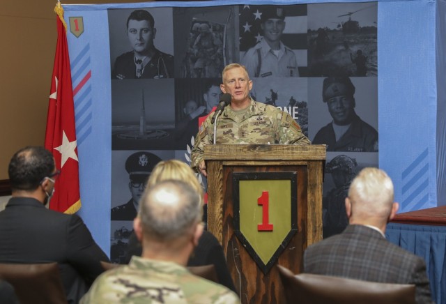 Maj. Gen. D.A. Sims, the 1st Infantry Division and Fort Riley commanding general, speaks during a commemoration ceremony Nov. 10, 2021, at Fort Riley, Kansas. The ceremony was held to honor seven of the Division's Medal of Honor recipients for...