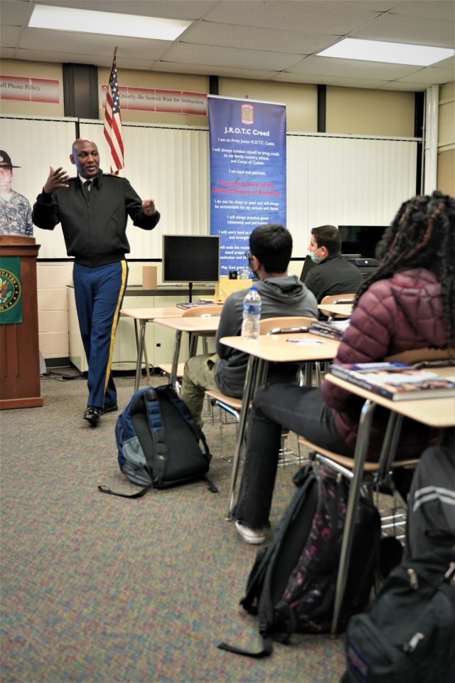 Command Sgt. Maj. Jerry Charles, U.S. Army Tank-automotive and Armaments Command, speaks to students at Centerline High School Michigan.