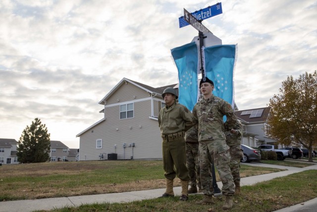 1st Infantry Division Soldiers unveil the newly named Nietzel Street in honor of 1ID Medal of Honor recipient, Sgt. Alfred B. Nietzel, Nov. 10, 2021, at Fort Riley, Kansas. Nietzel, who earned his Medal of Honor for his actions in battle during...