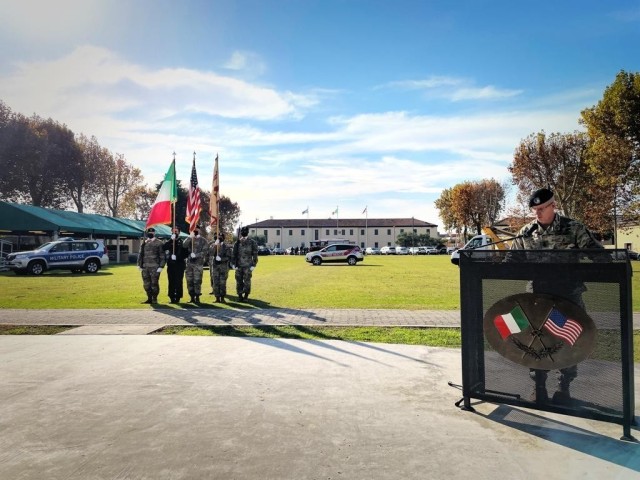 U.S. Army Command Sgt. Maj. Billy S. Vetten, outgoing command Sgt. Maj. of U.S. Army Garrison Italy, gives a speech during change of responsibility ceremony under Covid-19 prevention condition at Caserma Ederle, Vicenza, Italy Nov. 10, 2021. (U.S. Army Photos by Stefanie Pless-Mosley)