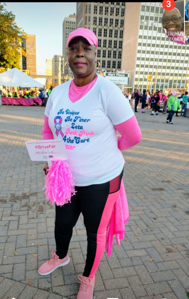 Leslie Wilson-Smith, a logistics manager for U.S. Army Tank-automotive and Armaments Command and two-year breast cancer survivor, participates in a Detroit Breast Cancer Awareness Event.