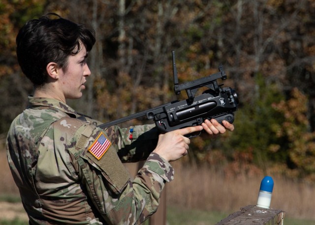 Cadet Brenyn Freeman, from Missouri State University in Springfield, Missouri, shoots an M320 Grenade Launcher Friday during the 3rd Brigade Army ROTC Ranger Challenge, held here Friday and Saturday.