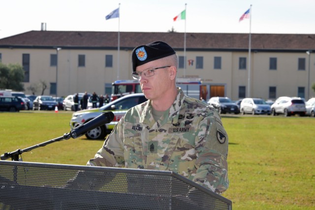U.S. Army Command Sgt. Maj. Billy S. Vetten, outgoing command Sgt. Maj. of U.S. Army Garrison Italy, gives a speech during change of responsibility ceremony under Covid-19 prevention condition at Caserma Ederle, Vicenza, Italy Nov. 10, 2021. (U.S. Army Photos by Davide Dalla Massara)