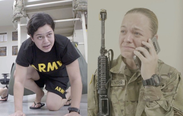Stormy Gideons (left) of Fresno, Calif., attempts to do pushups in a Fort Jackson dormitory. Trinity Carpenter, right, takes a moment to speak to family.