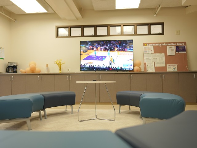 A basketball game plays on the television at the ACS lounge at U.S. Army Garrison Daegu&#39;s Soldier Support Center (SSC). The SSC provides members with a single location providing a variety of base services: Housing, Finance, ID card processing and more.