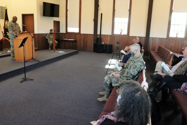 Chaplain (Maj.) Robert Rand with the Fort McCoy Religious Support Office (RSO) gives opening remarks during the Veterans Day Prayer Luncheon on Nov. 4, 2021, at Fort McCoy, Wis. The event was organized by the RSO and featured retired Wisconsin...