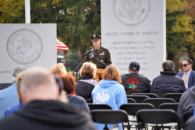                Col. Steven Carozza, chief of staff for the U.S. Army Tank-automotive and Armaments Command, addresses a crowd gathered to honor the service of Veterans in Clinton Township Nov. 11.                 