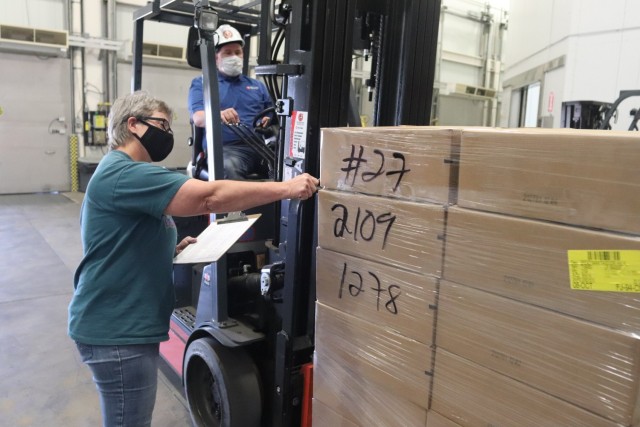 Heavy equipment and forklift operator Davey Stutts with Taylors International Services Inc. assists in moving food pallets Oct. 14, 2021, while supporting the Fort McCoy Logistics Readiness Center (LRC) Food Program Management Office and LRC...