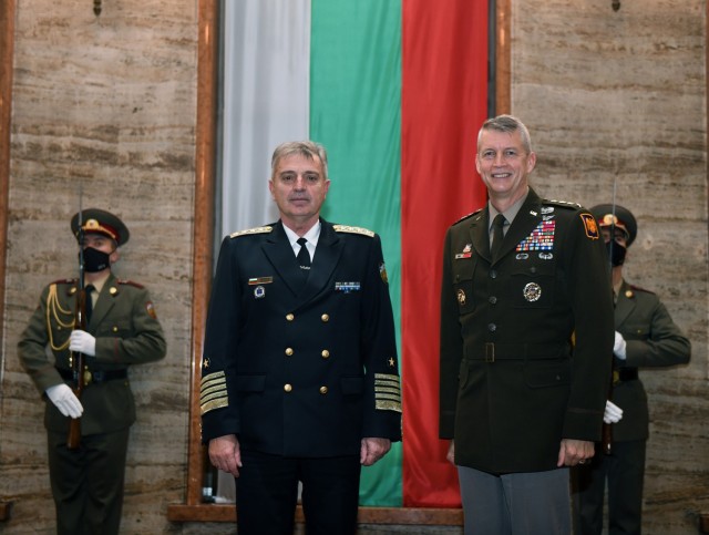 Army Gen. Daniel Hokanson, chief, National Guard Bureau, right, with Adm. Emil Eftimov, Bulgaria's chief of defense, Sofia, Bulgaria, Nov. 4, 2021. (U.S. Army National Guard photo by Master Sgt. Jim Greenhill)