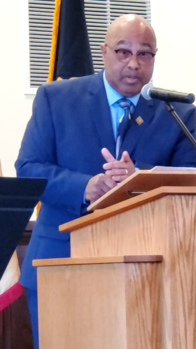 Retired Wisconsin State Patrol Maj. Darren Price gives his presentation Nov. 4, 2021, as the guest speaker for the 2021 Veterans Day Prayer Luncheon at Fort McCoy, Wis. Price, a military veteran, is now a pastor with the Tomah (Wis.) Pentecostal...