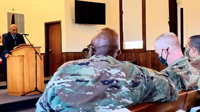 Retired Wisconsin State Patrol Maj. Darren Price gives his presentation Nov. 4, 2021, as the guest speaker for the 2021 Veterans Day Prayer Luncheon at Fort McCoy, Wis. Price, a military veteran, is now a pastor with the Tomah (Wis.) Pentecostal...