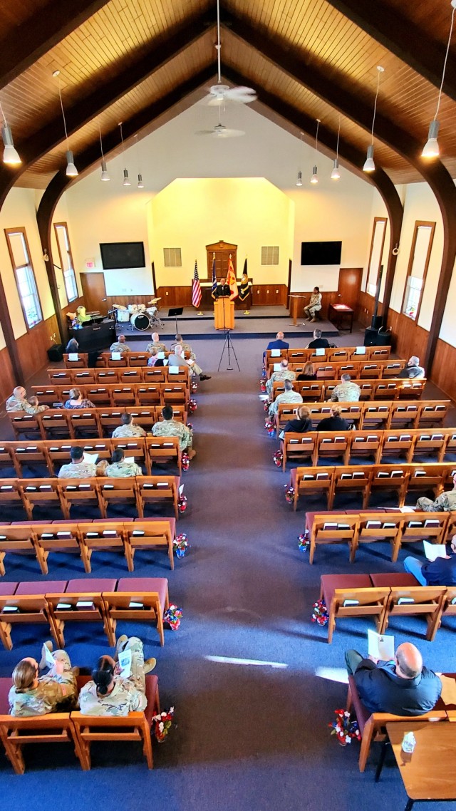 Dozens of community members are shown Nov. 4, 2021, during their participation in the 2021 Veterans Day Prayer Luncheon at Fort McCoy, Wis. The event was organized by the Fort McCoy Garrison Religious Support Office. (U.S. Army Photo by Scott T....