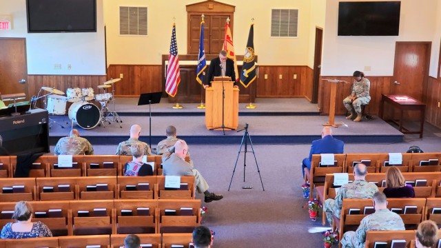 Dozens of community members are shown Nov. 4, 2021, during their participation in the 2021 Veterans Day Prayer Luncheon at Fort McCoy, Wis. The event was organized by the Fort McCoy Garrison Religious Support Office. (U.S. Army Photo by Scott T....